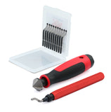 deburring tool, hand reamer and 10 bonus blades flat lay on white background