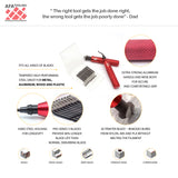 Infographic of deburring tool with how to use on different surfaces with sizing
