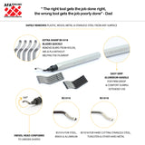 Deburring tool with 10 extra blades on graphic displaying information